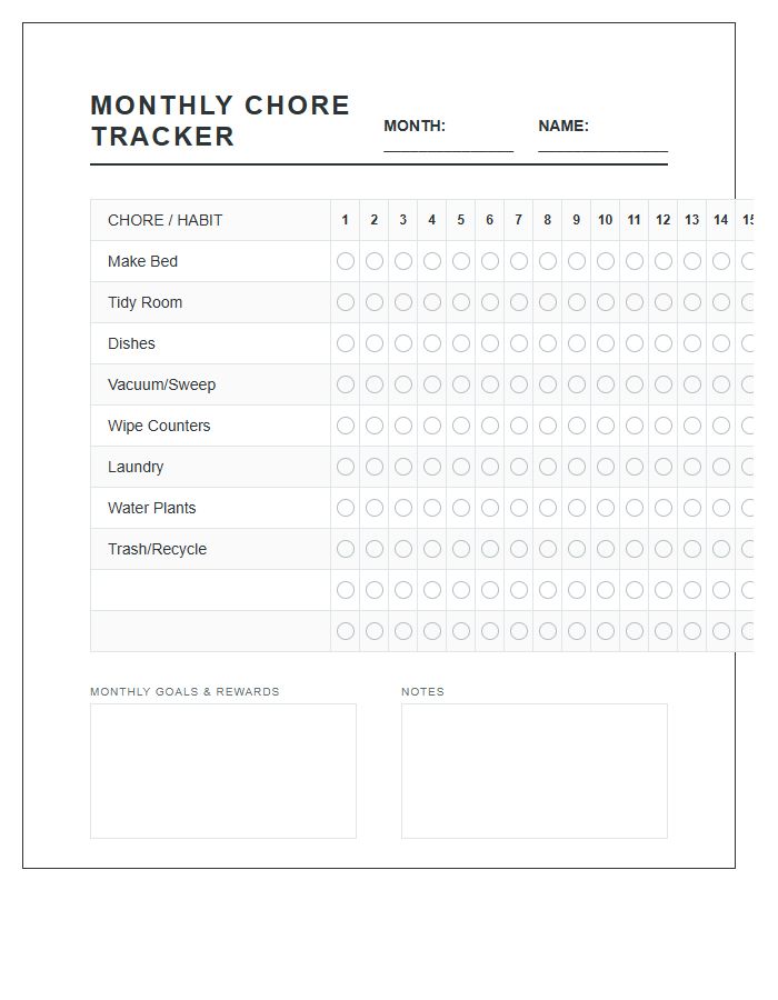 Monthly Habit Tracker Style Chore Chart Printable