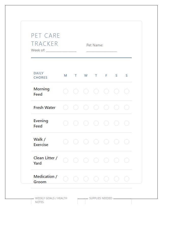 Pet Care Habit Tracker Style Chore Chart Printable