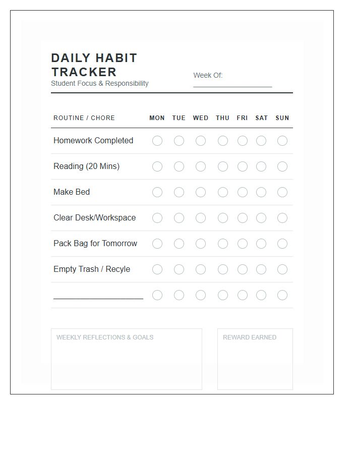 Student Habit Tracker Style Chore Chart Printable