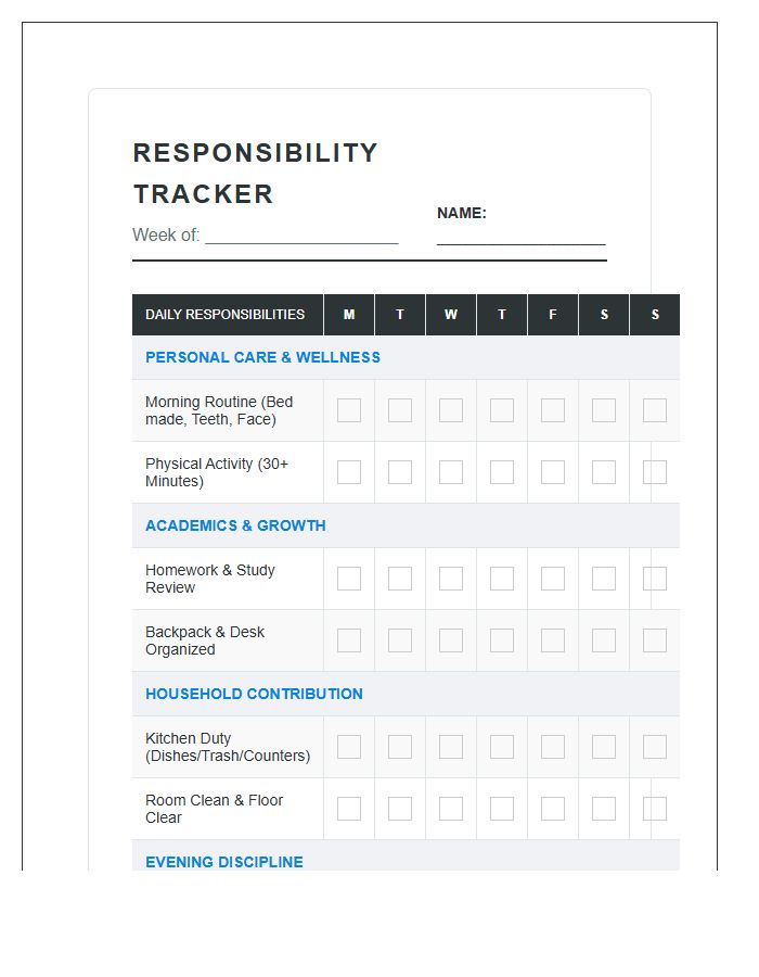 Detailed Responsibility Tracker Printable Chart For Teens