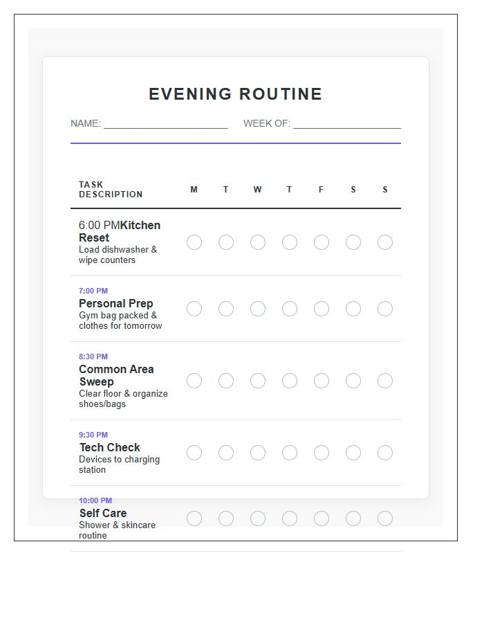 Evening Routine Teen Chore Chart Printable