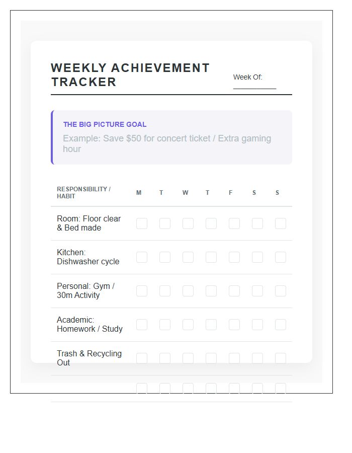 Goal Based Teenager Printable Chore Chart