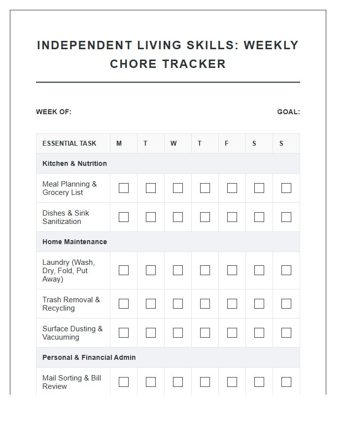 Independent Living Preparation Printable Chore Chart