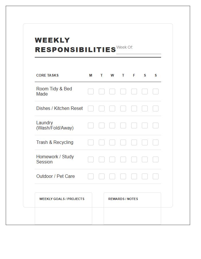 Minimalist Teenager Chore Chart Printable Design