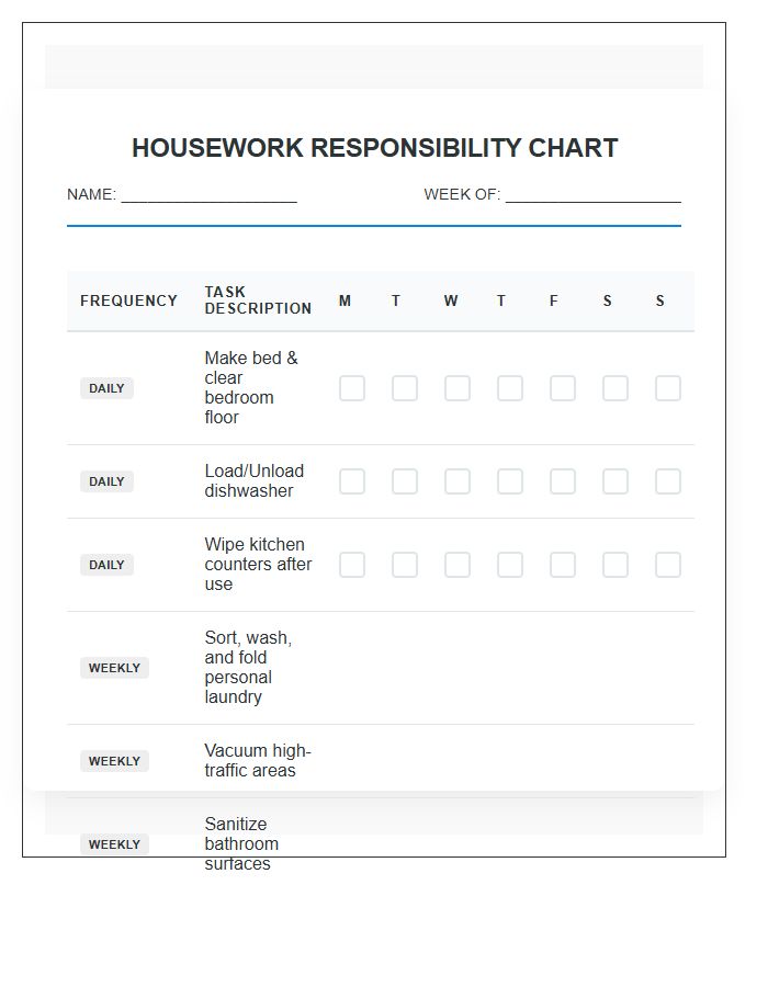 Responsible Teen Housework Routine Printable Chart