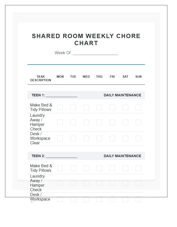 Shared Room Teenager Chore Chart Printable