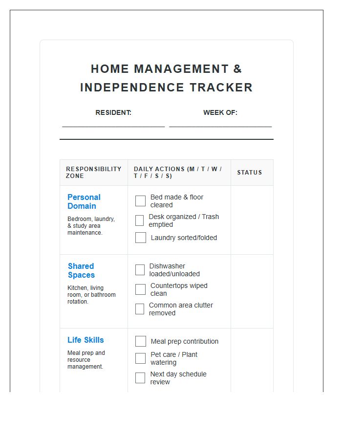 Structured Home Management Printable Chart For Teens
