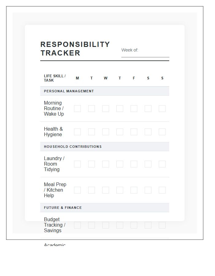 Teen Life Skills Responsibility Printable Chart