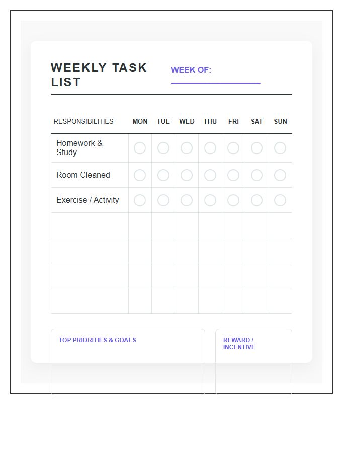 Weekly Task List Printable Chart For Teenagers