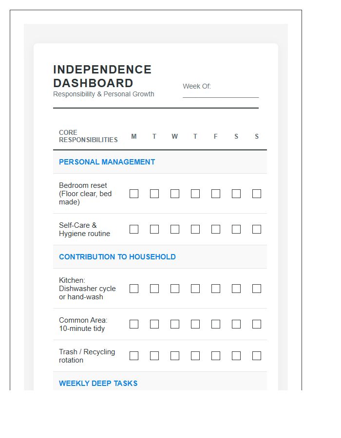 Advanced Teenager Chore Chart Printable For Independence