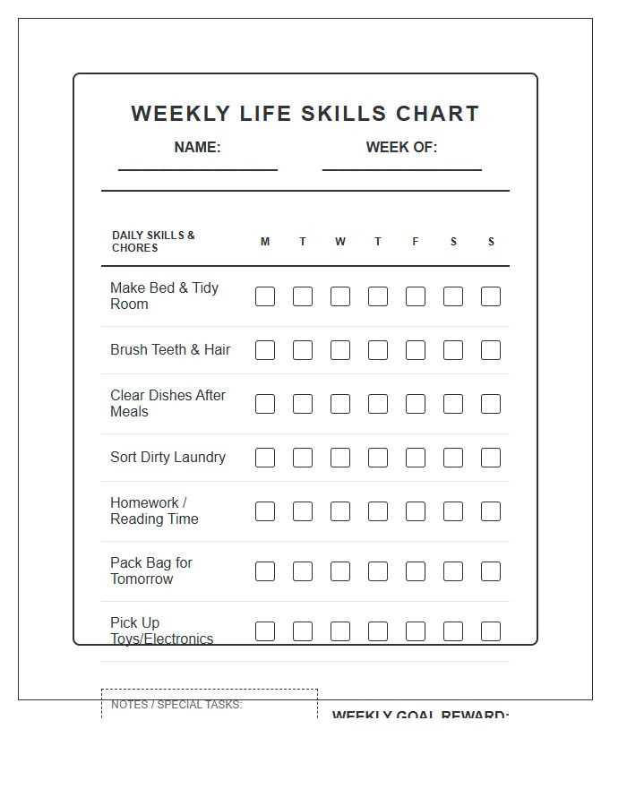 Basic Life Skills Chore Chart Printable For Kids
