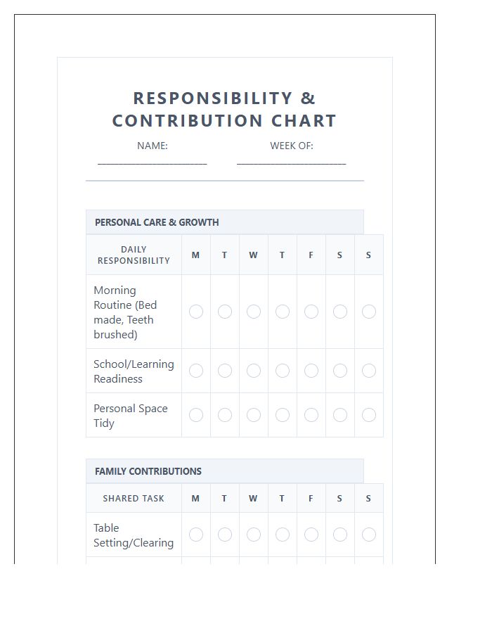 Responsibility Based Chore Chart Printable For Children