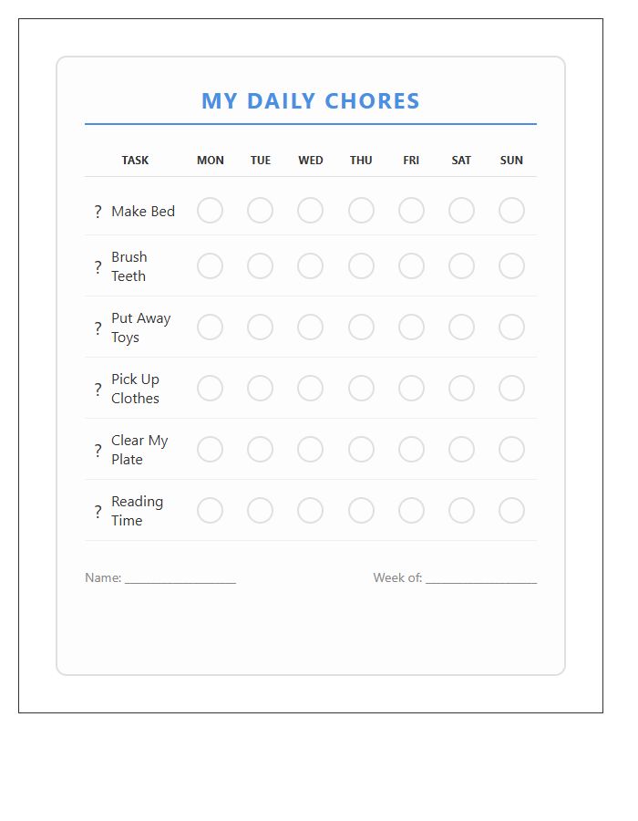 Simple Daily Chore Chart Printable For Young Children