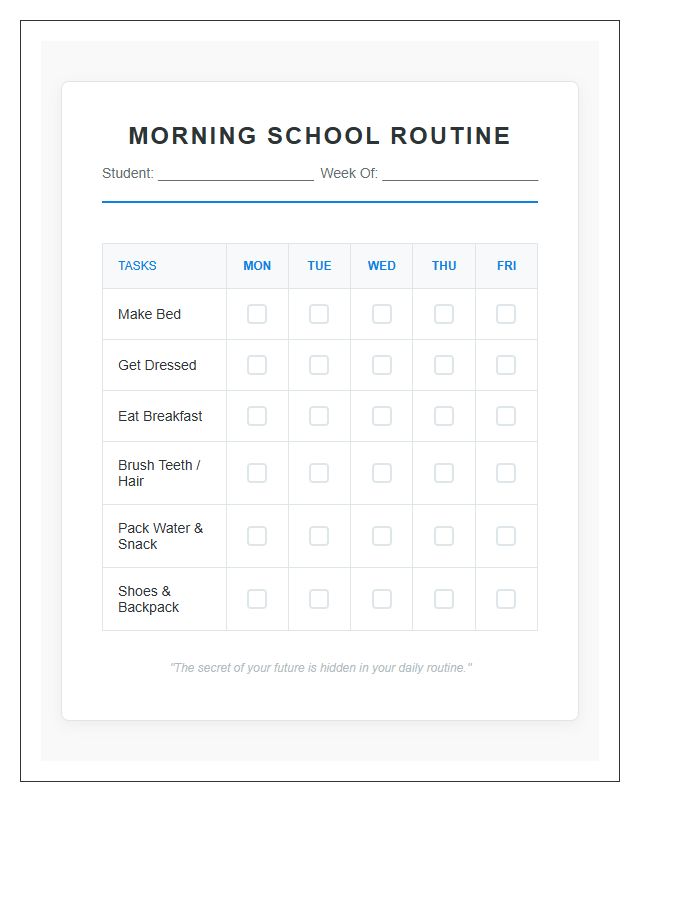 Structured Morning Chore Chart Printable For School Days