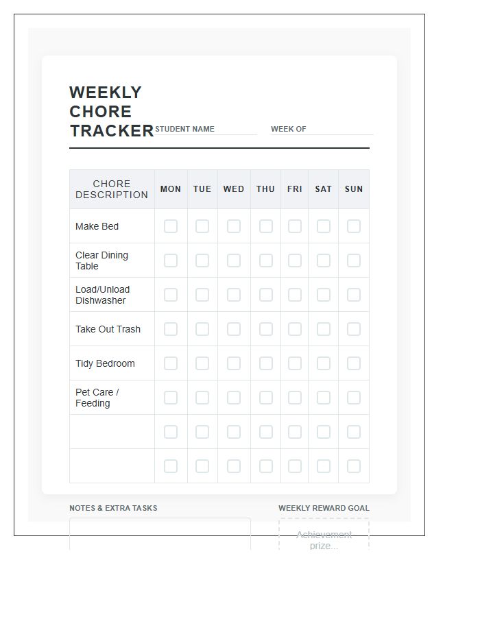 Weekly Household Chore Chart Printable For Students