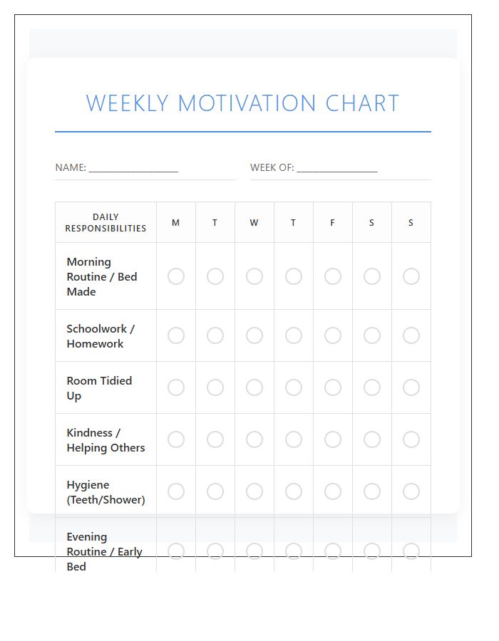 Behavior Motivation Printable Chore Chart For Kids