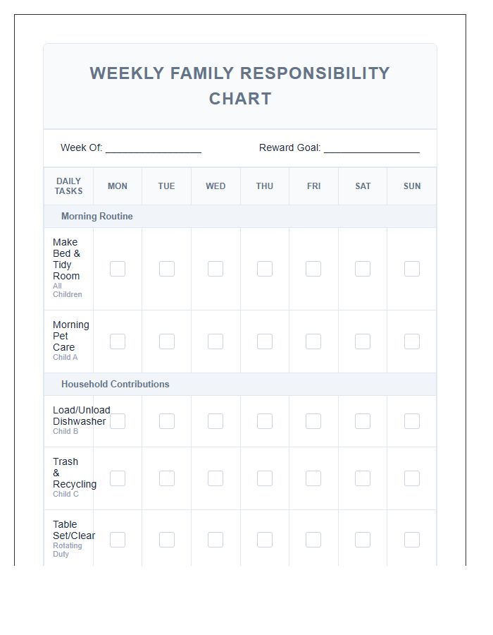 Comprehensive Printable Chore Chart For Multi Child Homes