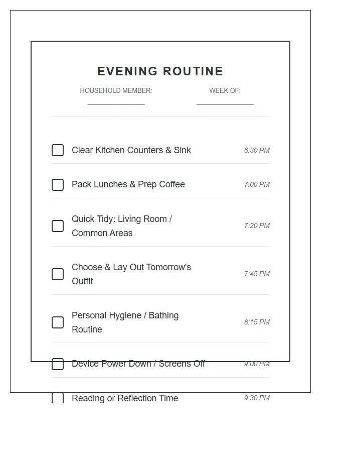 Evening Routine Printable Chore Chart For Busy Households