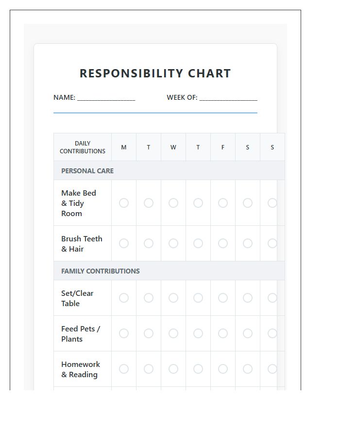 Responsibility Based Printable Chore Chart For Children