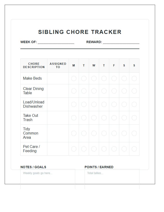 Sibling Chore Chart Printable Weekly Tracker