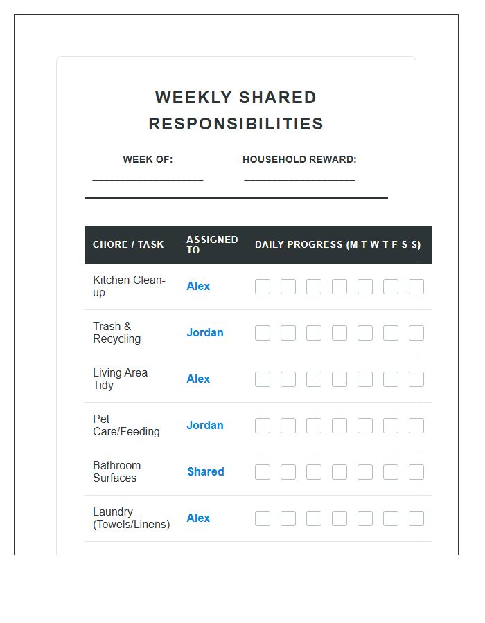 Teenage Printable Chore Chart For Shared Responsibilities