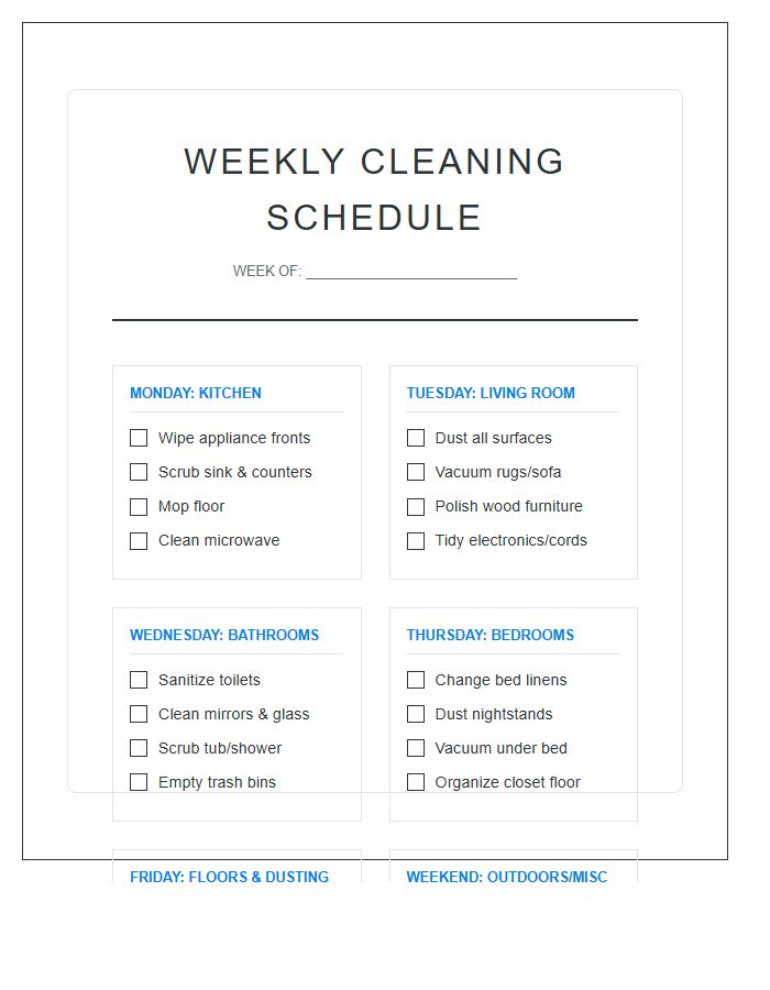 Weekly Cleaning Schedule Printable Chore Chart