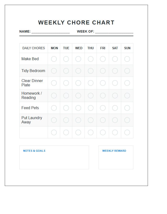 Weekly Household Printable Chore Chart For Kids