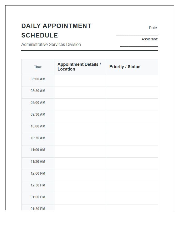Administrative Assistant Printable Hourly Appointment Calendar Chart