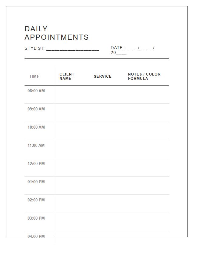 Beauty Salon Printable Hourly Appointment Calendar Chart