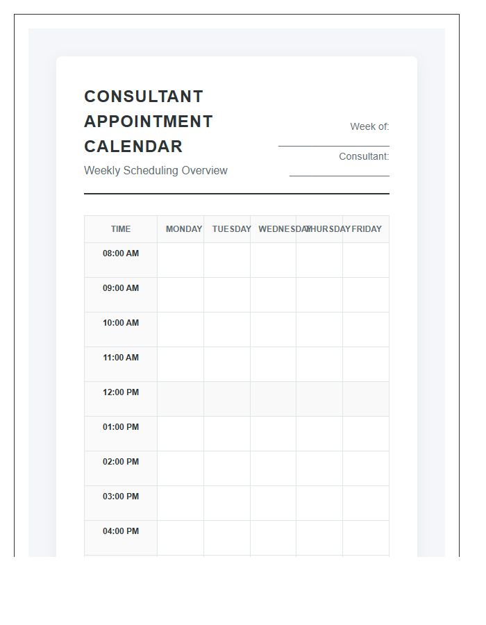 Consultant Scheduling Printable Hourly Appointment Calendar Chart