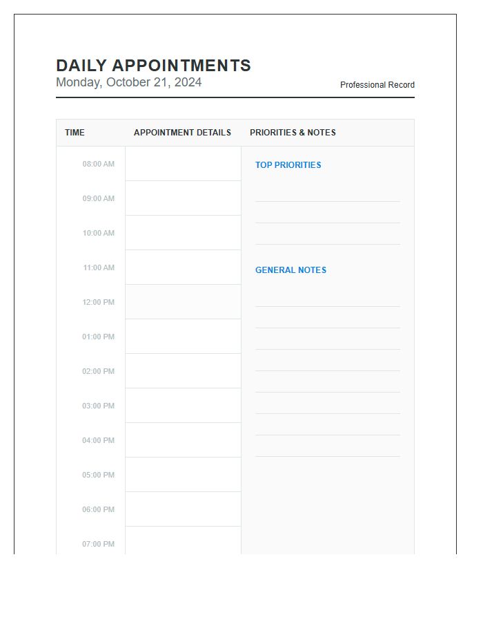Daily Professional Printable Hourly Appointment Calendar Chart