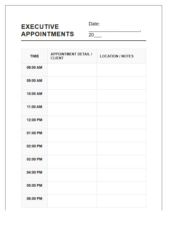 Executive Office Printable Hourly Appointment Calendar Chart