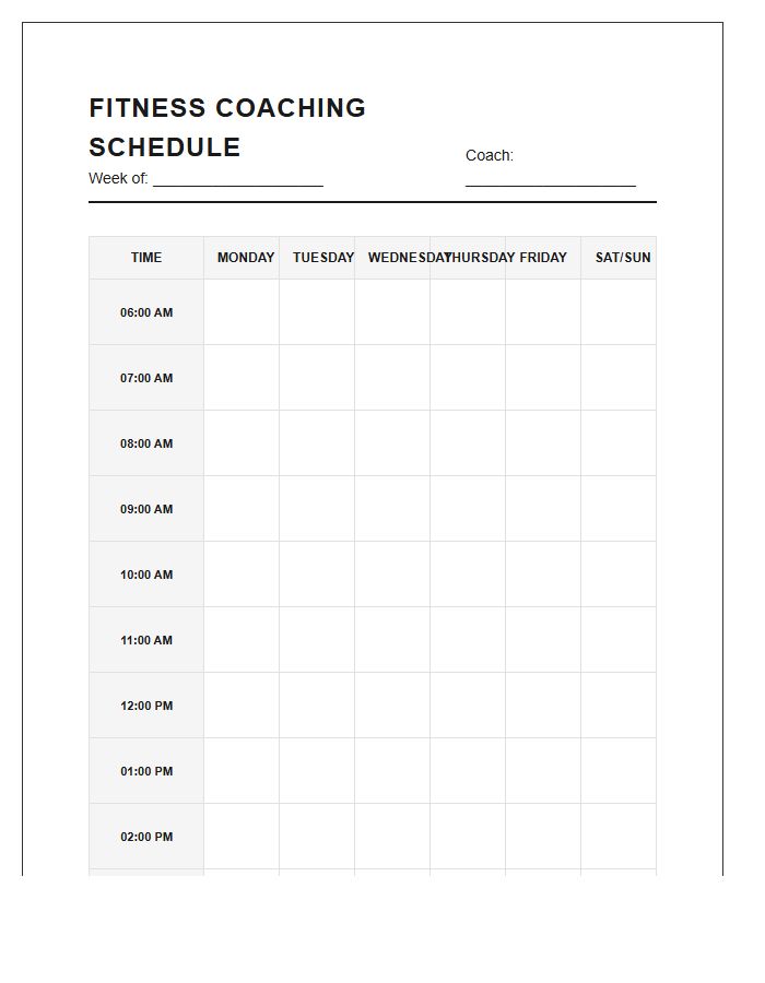 Fitness Coaching Printable Hourly Appointment Calendar Chart
