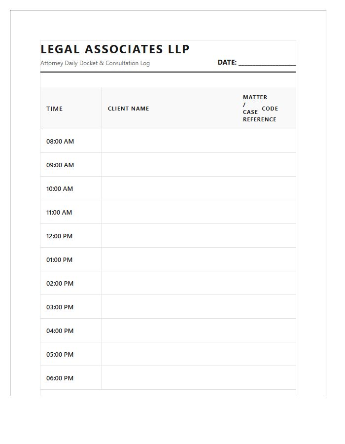 Legal Firm Printable Hourly Appointment Calendar Chart