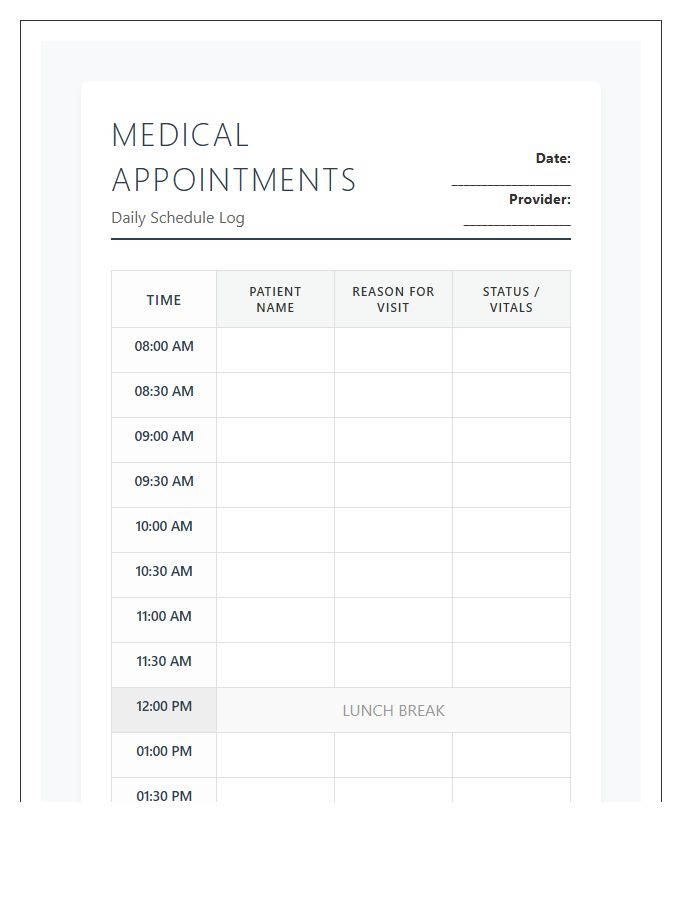Medical Clinic Printable Hourly Appointment Calendar Chart