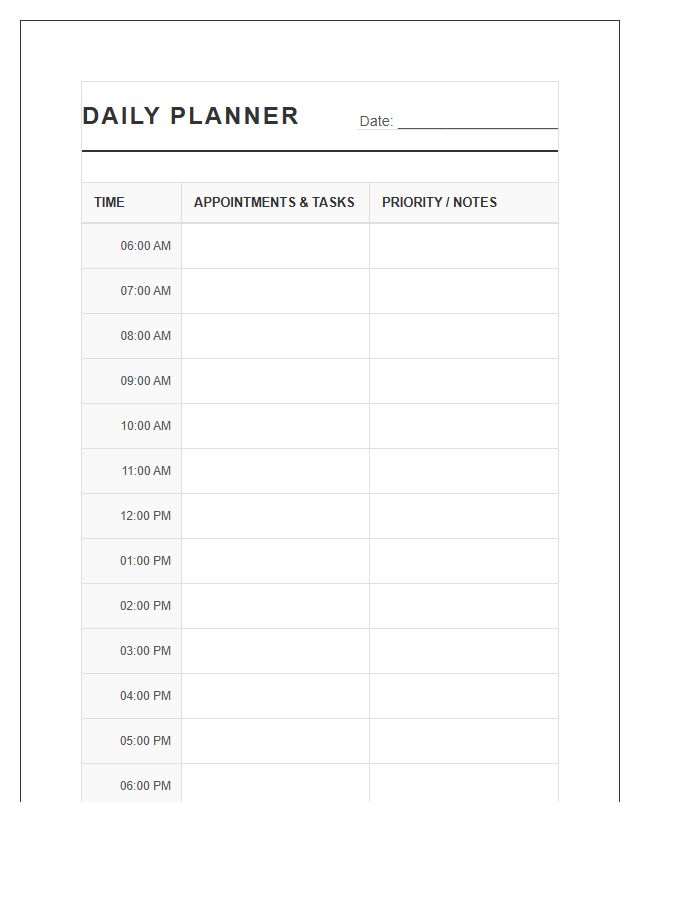 Personal Task Printable Hourly Appointment Calendar Chart