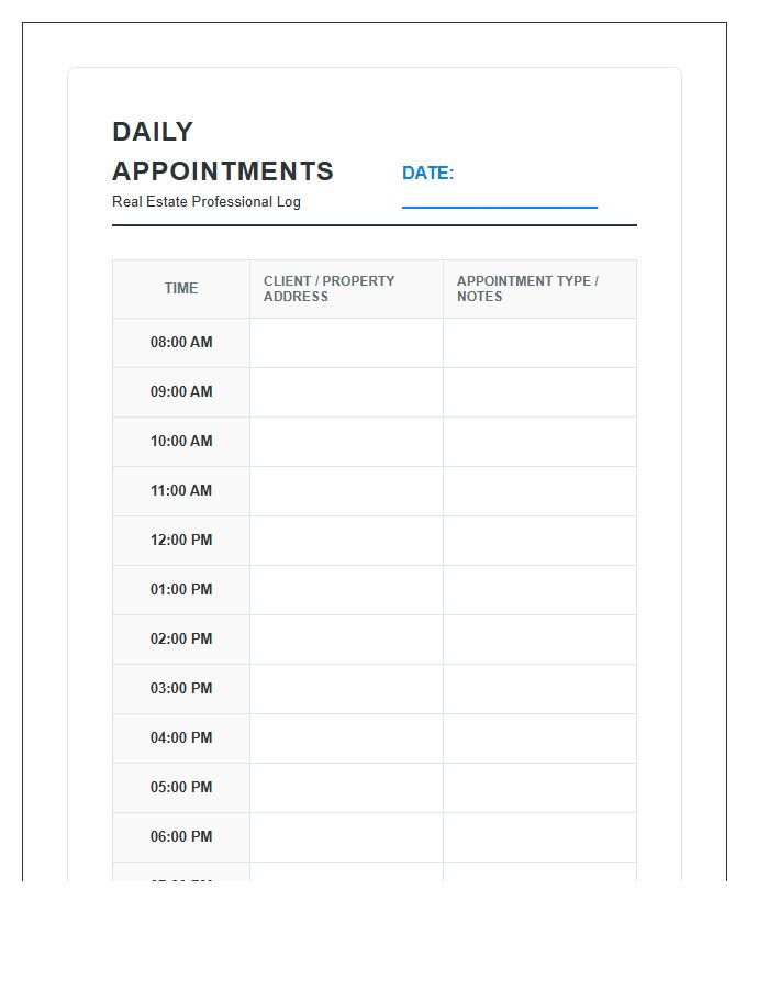 Real Estate Agent Printable Hourly Appointment Calendar Chart