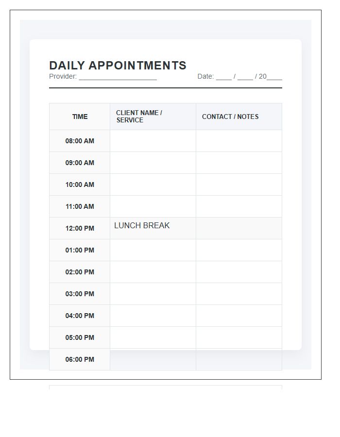 Service Provider Printable Hourly Appointment Calendar Chart