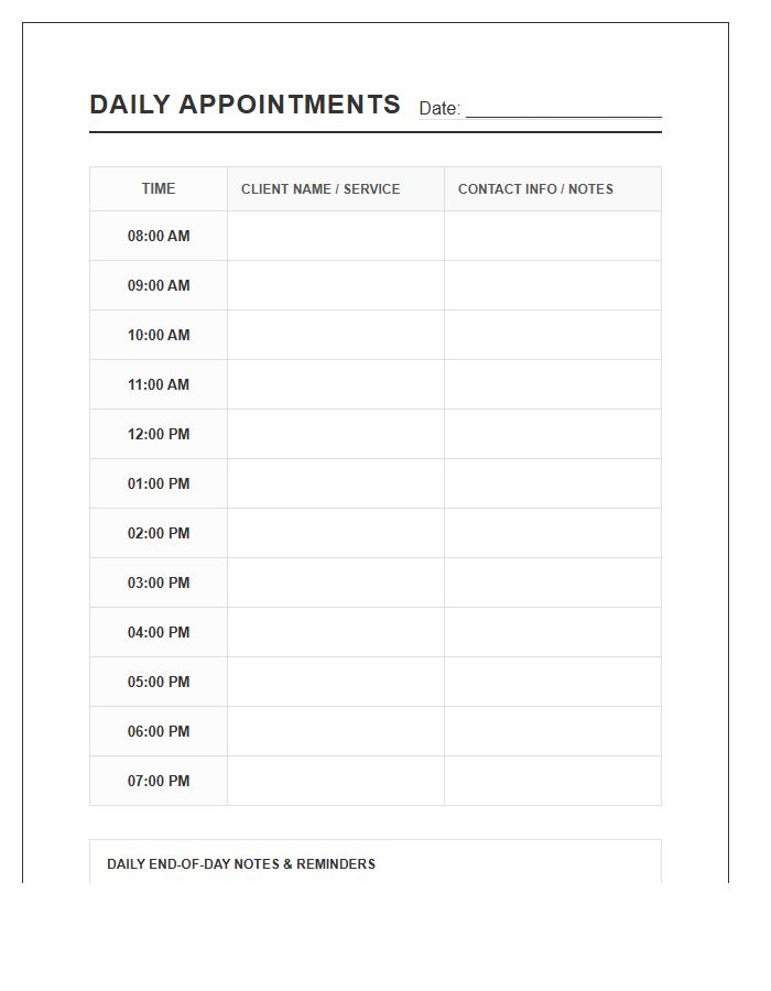 Small Business Printable Hourly Appointment Calendar Chart