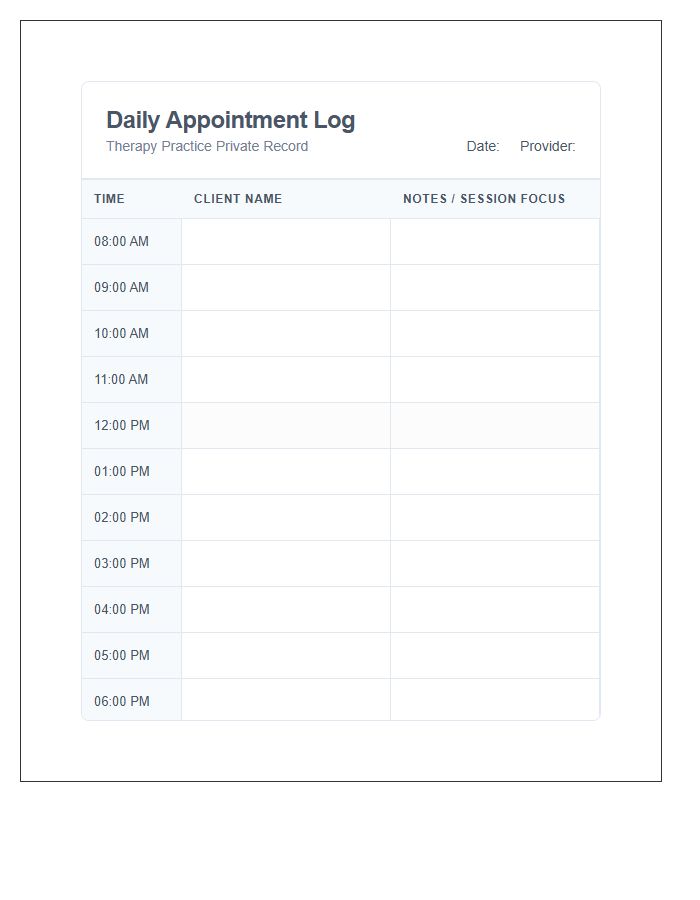 Therapy Practice Printable Hourly Appointment Calendar Chart