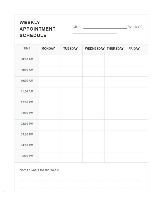 Weekly Client Printable Hourly Appointment Calendar Chart