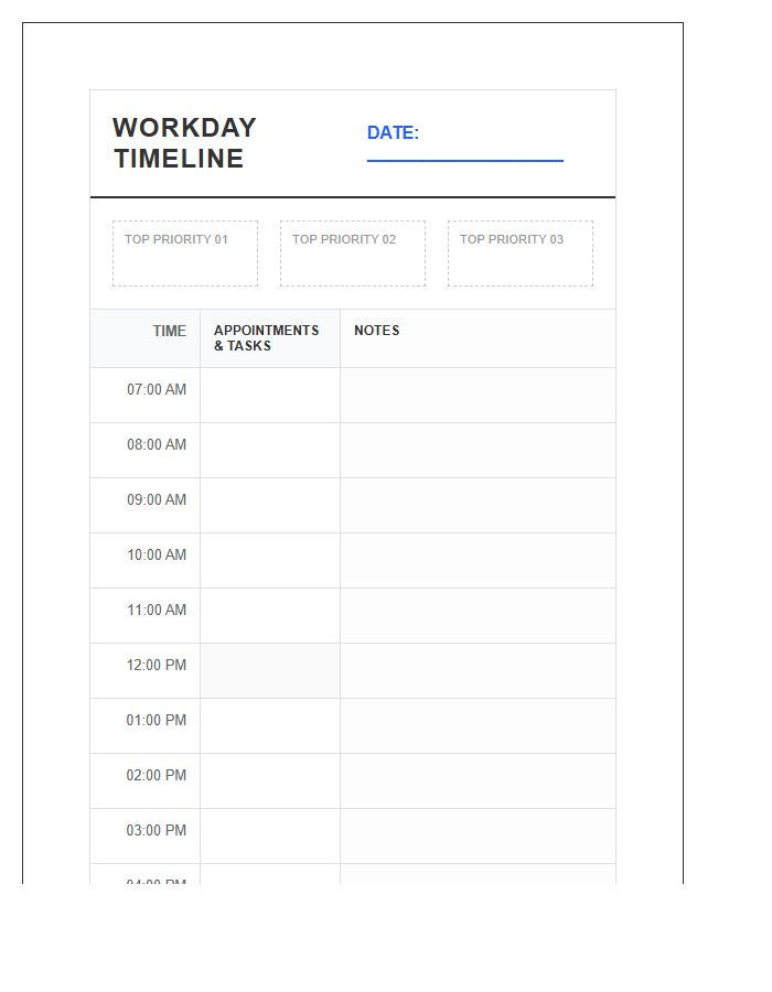 Workday Timeline Printable Hourly Appointment Calendar Chart
