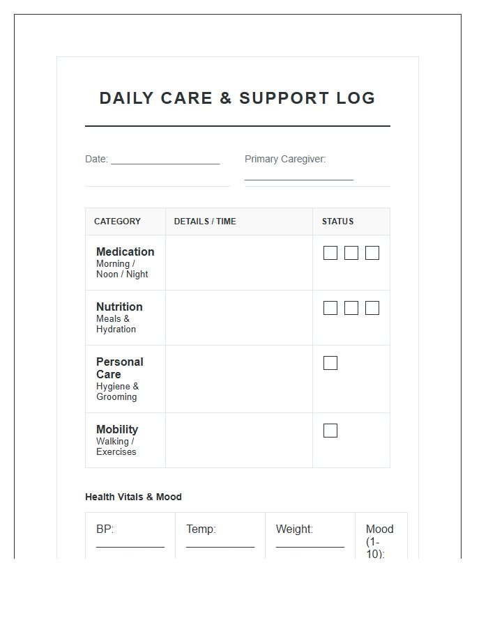 Aging Parent Daily Support Printable Chart