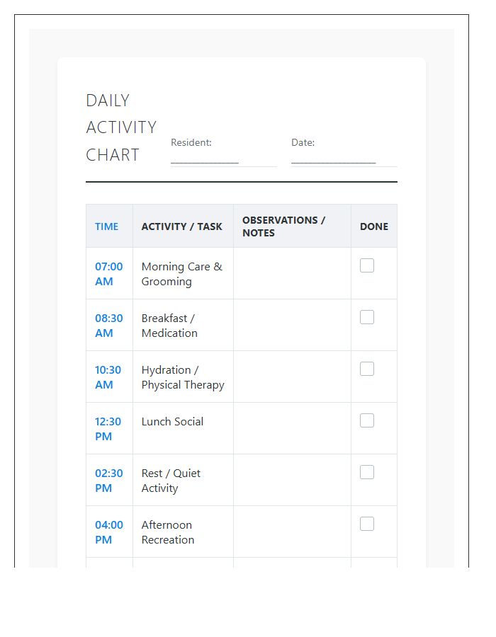 Assisted Living Daily Activity Printable Chart