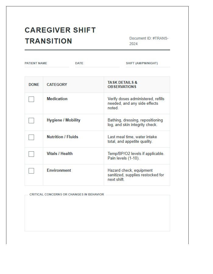 Caregiver Shift Transition Task Printable Chart
