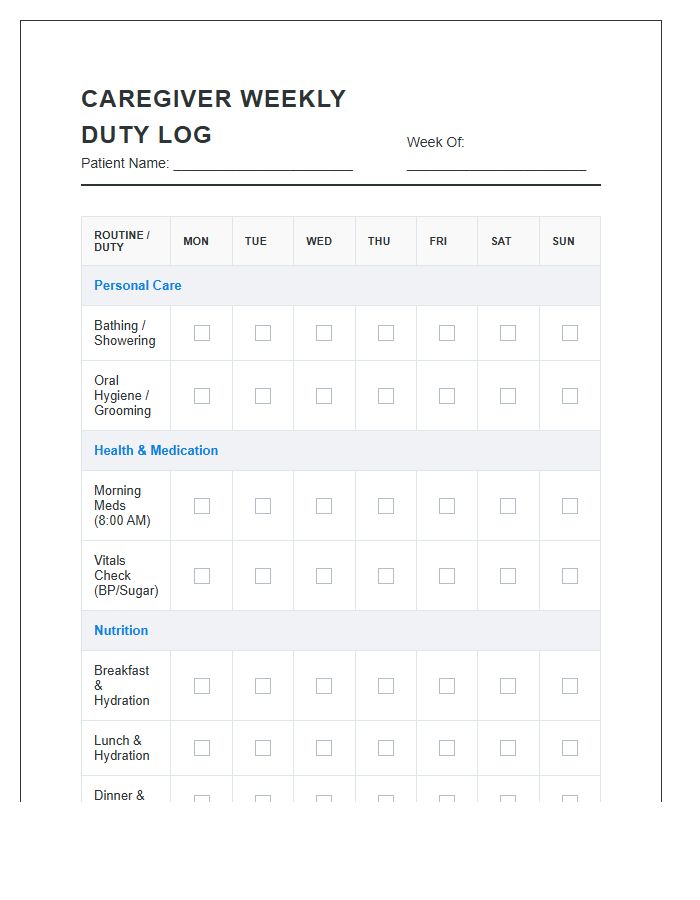 Elder Caregiver Weekly Duty Printable Chart