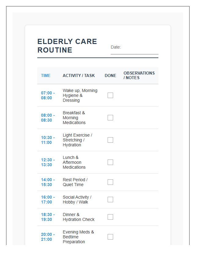 Elderly Care Routine Checklist Printable Chart
