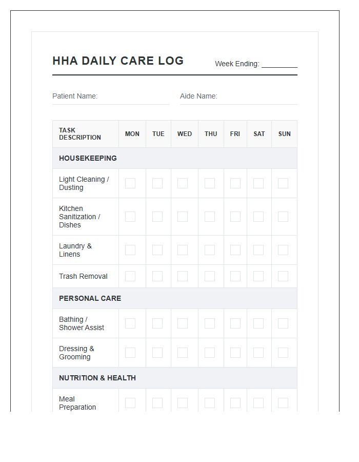 Home Health Aide Chore Printable Chart