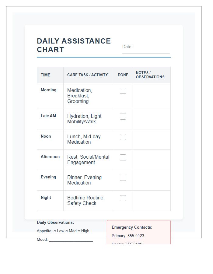 In Home Elderly Assistance Printable Chart