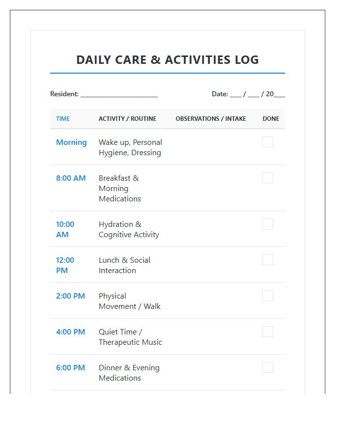 Memory Care Daily Living Printable Chart